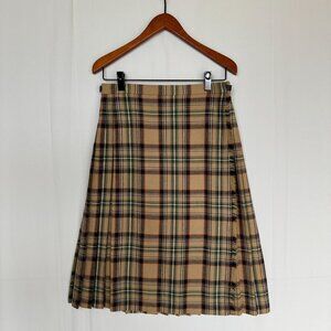 Vintage 80s The Edinburgh Woolen Mill Tan Plaid Pleated Wrap Midi Skirt Size 8